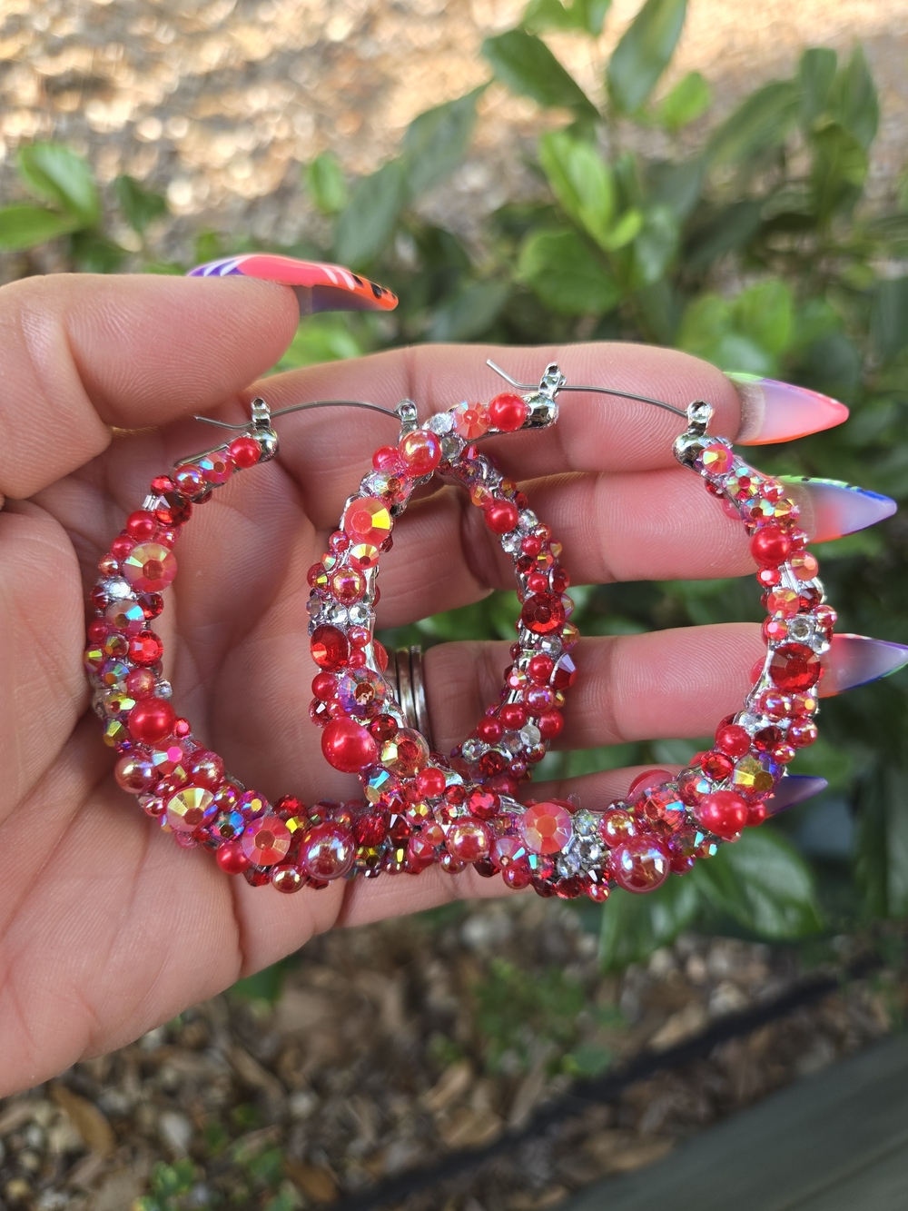Red Crystal & Bead Hoop Earrings for Women